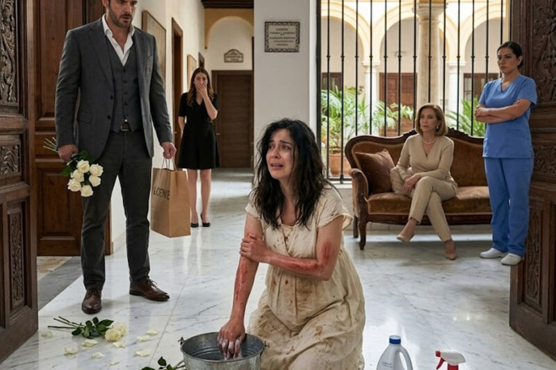 Llegué a casa temprano con rosas blancas para mi esposa embarazada de 7 meses… y encontré a mi madre mirando mientras una enfermera la obligaba a frotarse los brazos sangrantes con lejía.
