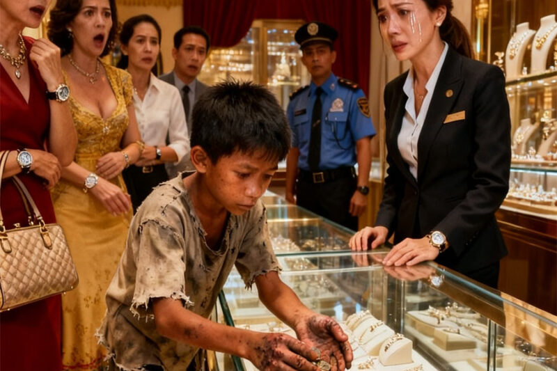 Un niño depositó silenciosamente miles de monedas sobre el cristal de una joyería cara. El guardia estaba a punto de sacarlo porque su apariencia era vergonzosa para otros clientes adinerados. Pero el gerente lo detuvo al oír lo que el niño dijo.