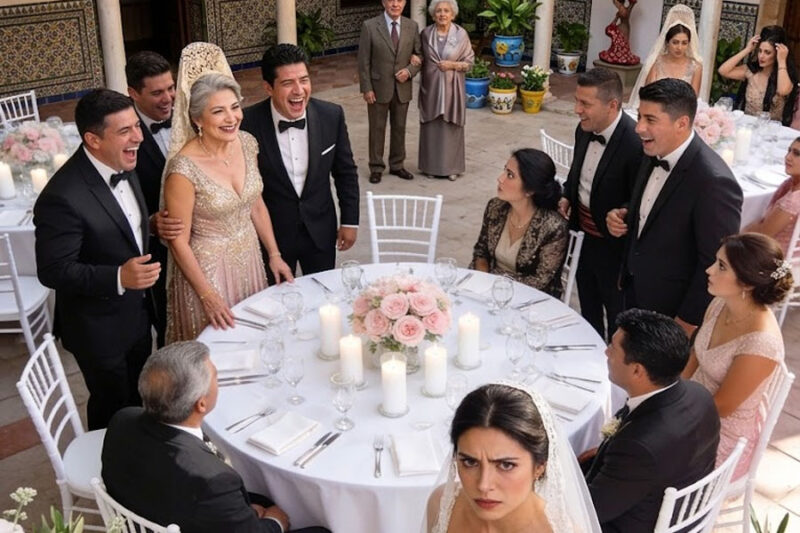 A solo quince minutos de la boda, descubrí que la mesa principal había sido cambiada: nueve asientos para la familia de mi esposo y mis padres de pie a un lado. Su madre se burló: “Qué patéticos se ven”. Entonces tomé el micrófono… y lo destruí en un instante.