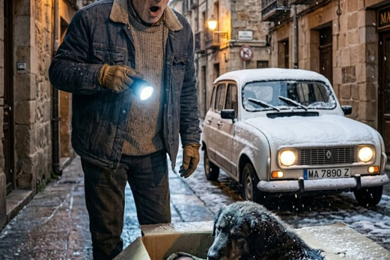 El perro viejo yacía inmóvil sobre la caja de cartón, temblando tan violentamente que apenas podía mantener los ojos abiertos. El bebé, acurrucado entre el pecho del animal y la manta húmeda, apenas respiraba.