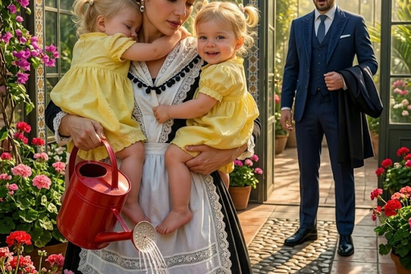 MILLONARIO LLEGA TEMPRANO A CASA… Y ENCUENTRA A LA EMPLEADA REGANDO FLORES CON SUS HIJAS GEMELAS…
