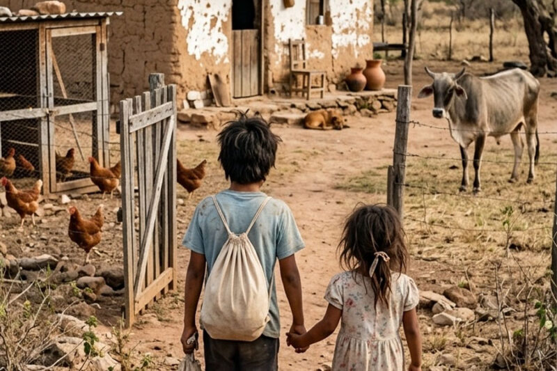 La tierra, agrietada y dura, parecía rechazar cualquier forma de vida, como si incluso el cielo hubiera decidido olvidar ese rincón del mundo. Y sin embargo, dos pequeñas figuras avanzaban sobre ella, arrastrando los pies, respirando con dificultad, negándose a detenerse.