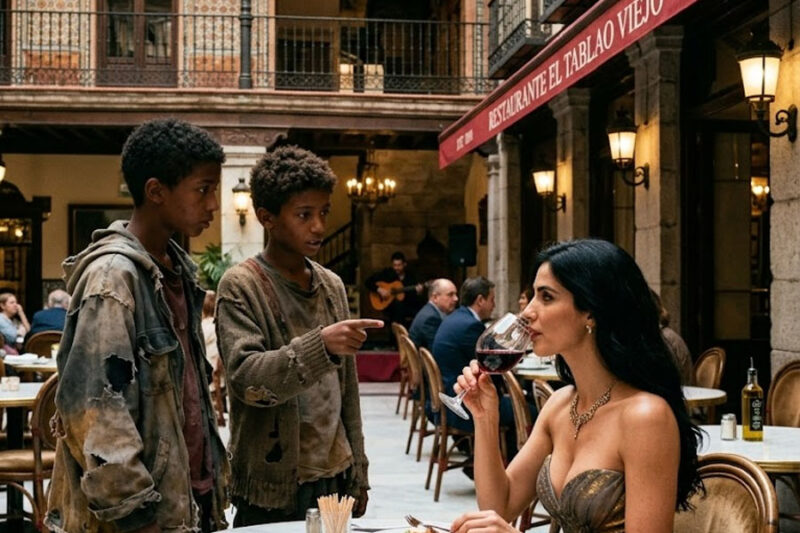 Dos chicos sin hogar se acercan a la mesa del millonario: «¿Nos da sus sobras, señora?». El millonario levantó la vista y se quedó atónito.