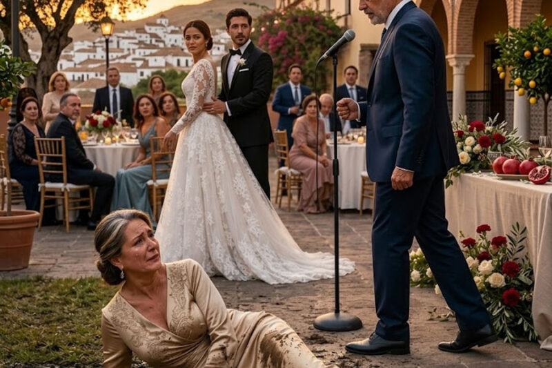 La novia empujó a su suegra al lodo frente a 200 invitados y el hijo la abrazó riéndose… pero el padre tomó el micrófono y una llamada acabó con toda la boda de lujo
