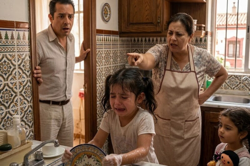 La niña adoptada lavaba platos mientras sus primas jugaban, hasta que su papá escuchó una frase que destruyó para siempre a la familia