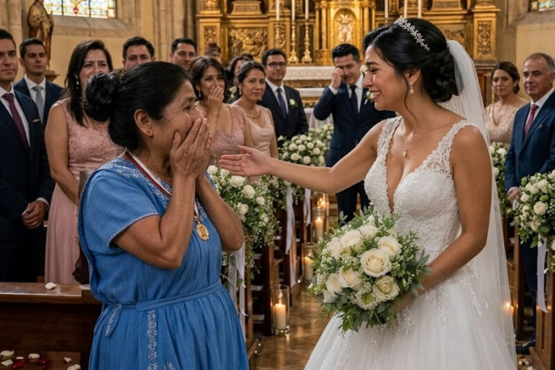 La mamá del novio llegó con un vestido azul gastado y todos murmuraron… hasta que la novia se detuvo en el pasillo y dijo algo que hizo llorar a toda la iglesia