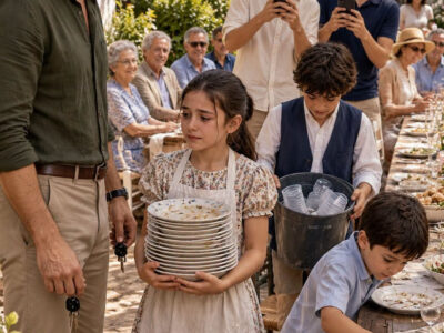 Volví a las cinco a la fiesta de mi madre y encontré a mis tres hijos con delantal sirviendo copas. Mis primos los grababan riendo mientras mis padres brindaban por su humildad. Mi padre soltó: ‘Tus hijos tendrán que pagar tus errores’. No grité, les quité los delantales, cancelé el catering y nos fuimos, entonces mi hija me puso la segunda grabación: mi casa.