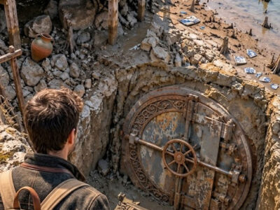 # SU FAMILIA HEREDÓ MILLONES—ÉL RECIBIÓ UNA COBERTIZO PARA BOTES EN PÉRDIDA… LUEGO EL NIVEL DEL LAGO BAJÓ Y REVELÓ UNA PUERTA DE BÓVEDA ENTERRADA EN LA ROCA.