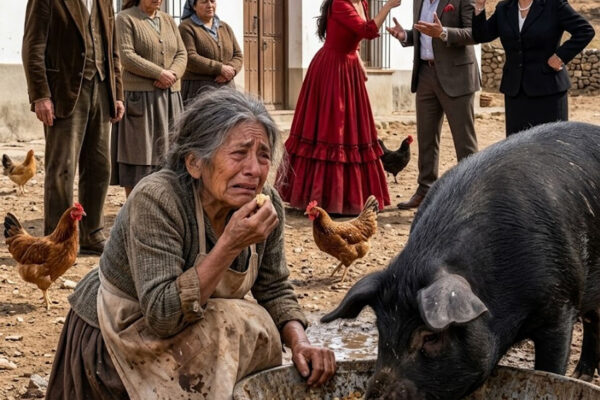 Llegué a la vieja finca familiar y encontré a una anciana arrodillada en el barro, llorando mientras compartía su comida con un cerdo, mientras mi hijo, vestido con un traje caro, discutía con su esposa sin mostrar compasión. «Esa mujer ya no pertenece a nuestra familia», escuché decirle. No levanté la voz; saqué mi teléfono y llamé a mi abogado. Pero cuando la anciana me reconoció, pronunció un nombre que revelaría el secreto más oscuro de aquella familia.