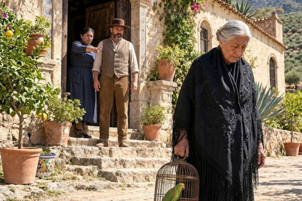 Cuando mi patrón me echó de la finca tras 50 años de servicio, vi a su familia brindar mientras yo salía con 2 monedas y mi viejo loro. «¡Fuera de aquí, vieja inútil!», me gritó su heredero. No lloré: fui directamente a pedir ayuda a mi antigua amiga. Entonces, mi loro pronunció el nombre de un notario y reveló algo que nadie debía saber.